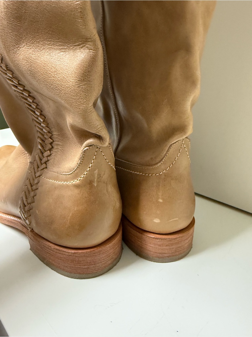 Lucchese Tall Shaft Cowboy Boots – Braided Detail – Tan/Camel Leather – Unworn - Picture 8 of 16